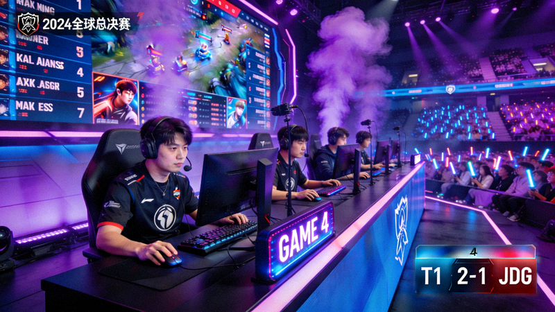 英雄联盟全球总决赛直播画面 - 竞技场馆内选手激烈对决的现场镜头